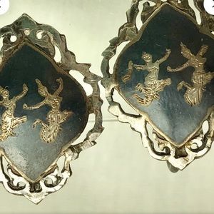 Siam Silver Vintage Nielloware Etched Engraved Earrings